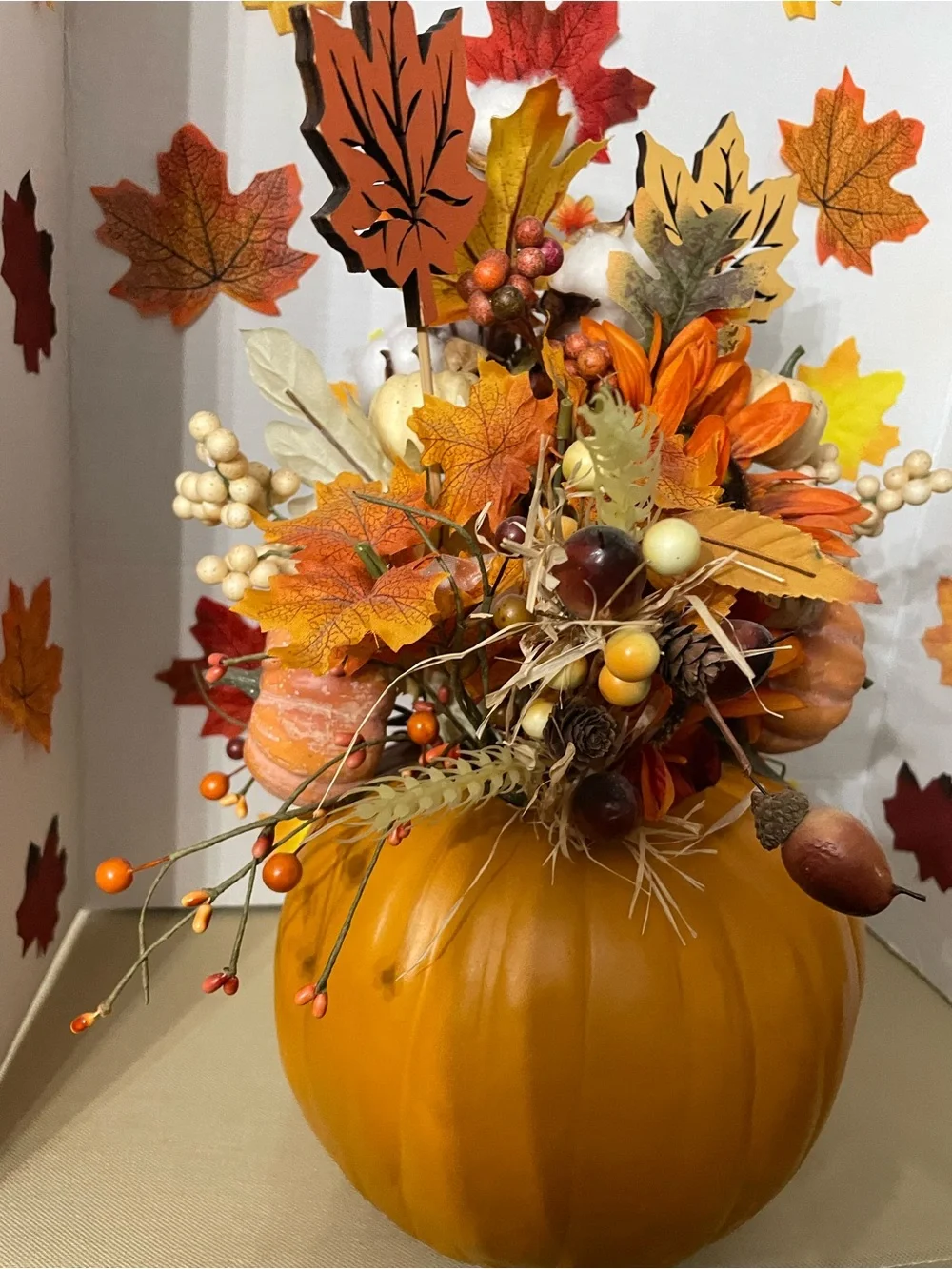 Custom handmade by Mel Autumn Pumpkin Floral Arrangement - 17” x 14” approx